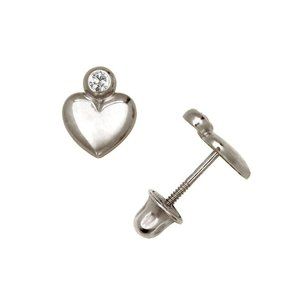 14K Solid White Gold 5mm Love Heart Screwback Earrings Set With Sparkling Stone
